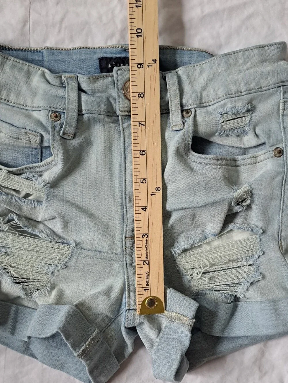 Aeropostale High Rise Midi Light Blue Denim Shorts Distressed Roll Hem Thrash 2